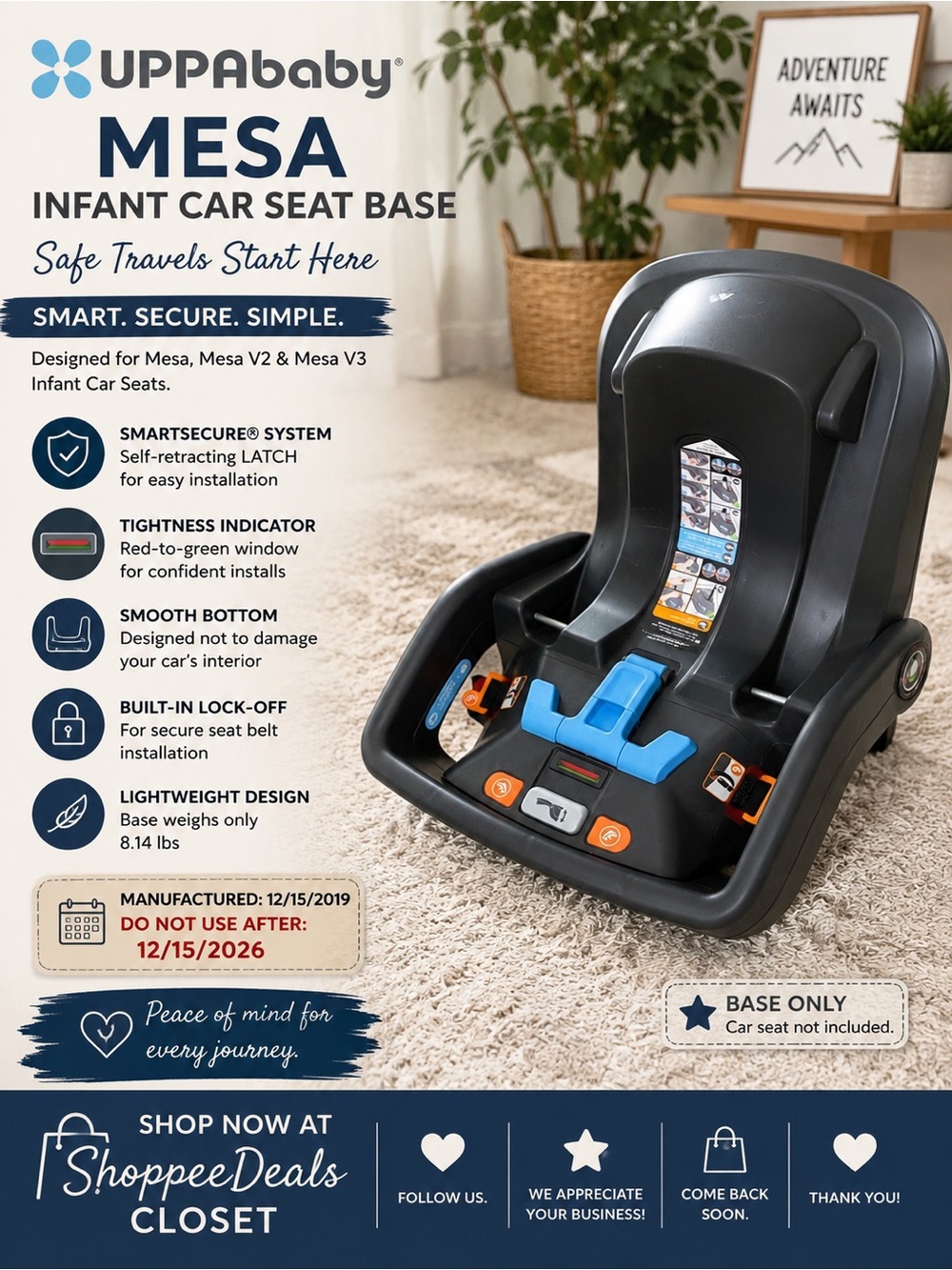 UPPAbaby Mesa Infant Car Seat Base – SmartSecure LATCH – Model 0262 –